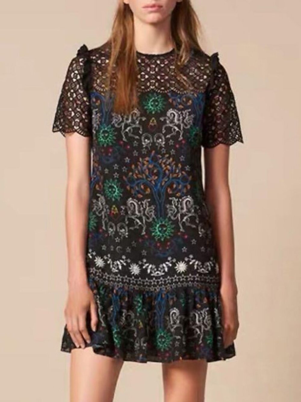 EUC Sandro Zodiac Celestial Lace Trim Mini Dress Black 36, 4, S